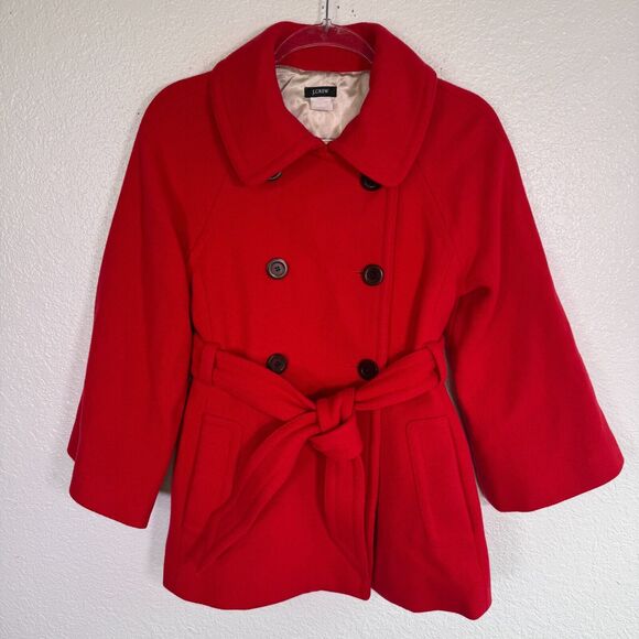 J Crew Coat Womens 6 Wool Blend Peacoat Belted Double Breasted Jacket Red Preppy